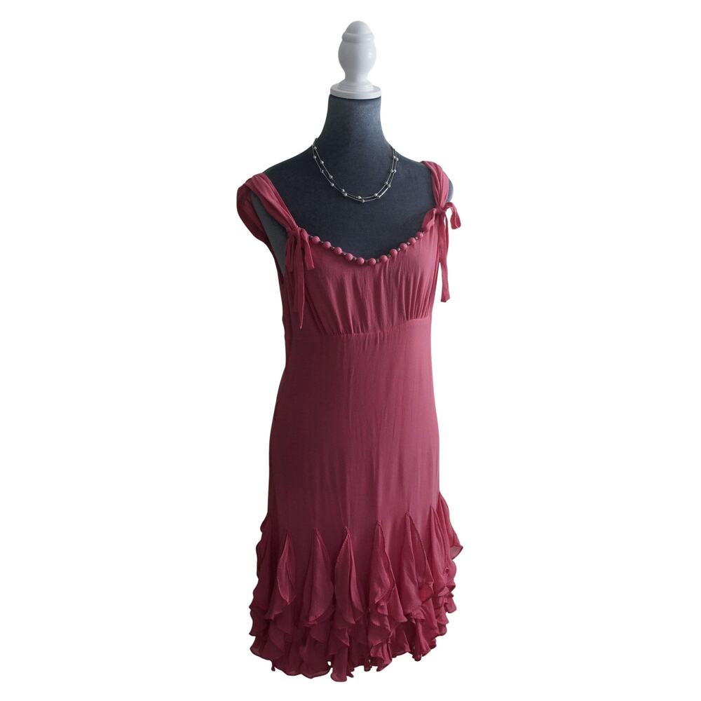 Y2K Silk Ruffle Hem Dress Pink Beaded Strap Boho Fairycore Mini